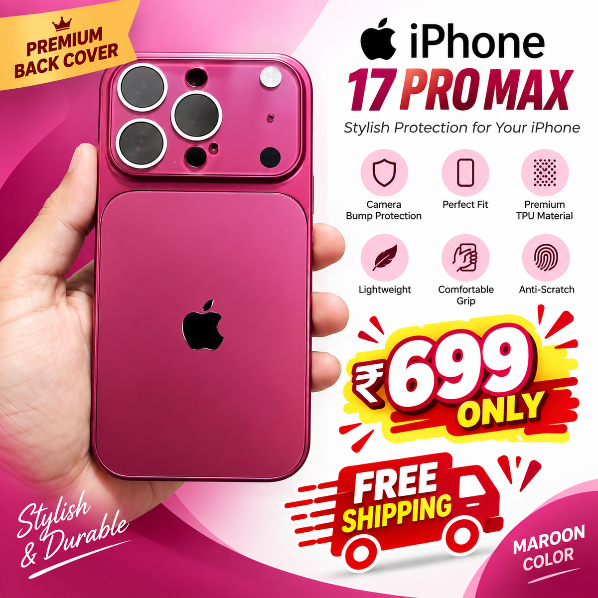 iPhone 17 & 18 Pro Max Converter Back Cover – Premium Camera Protection Case (Maroon)