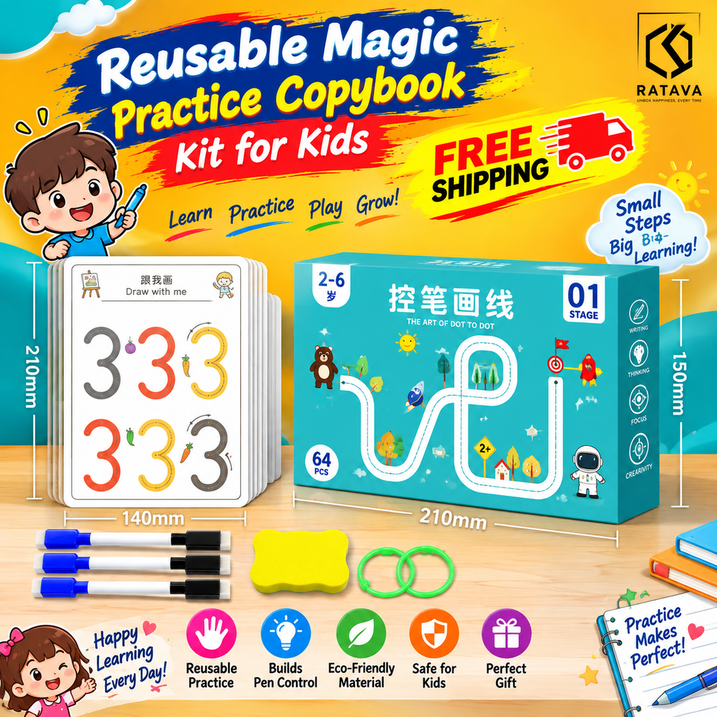 (64 Page,1 Eraser, 8 Pen) Reusable Magic Tracing Book for Kids – Letters, Numbers & Shapes Practice (Ages 3–8)