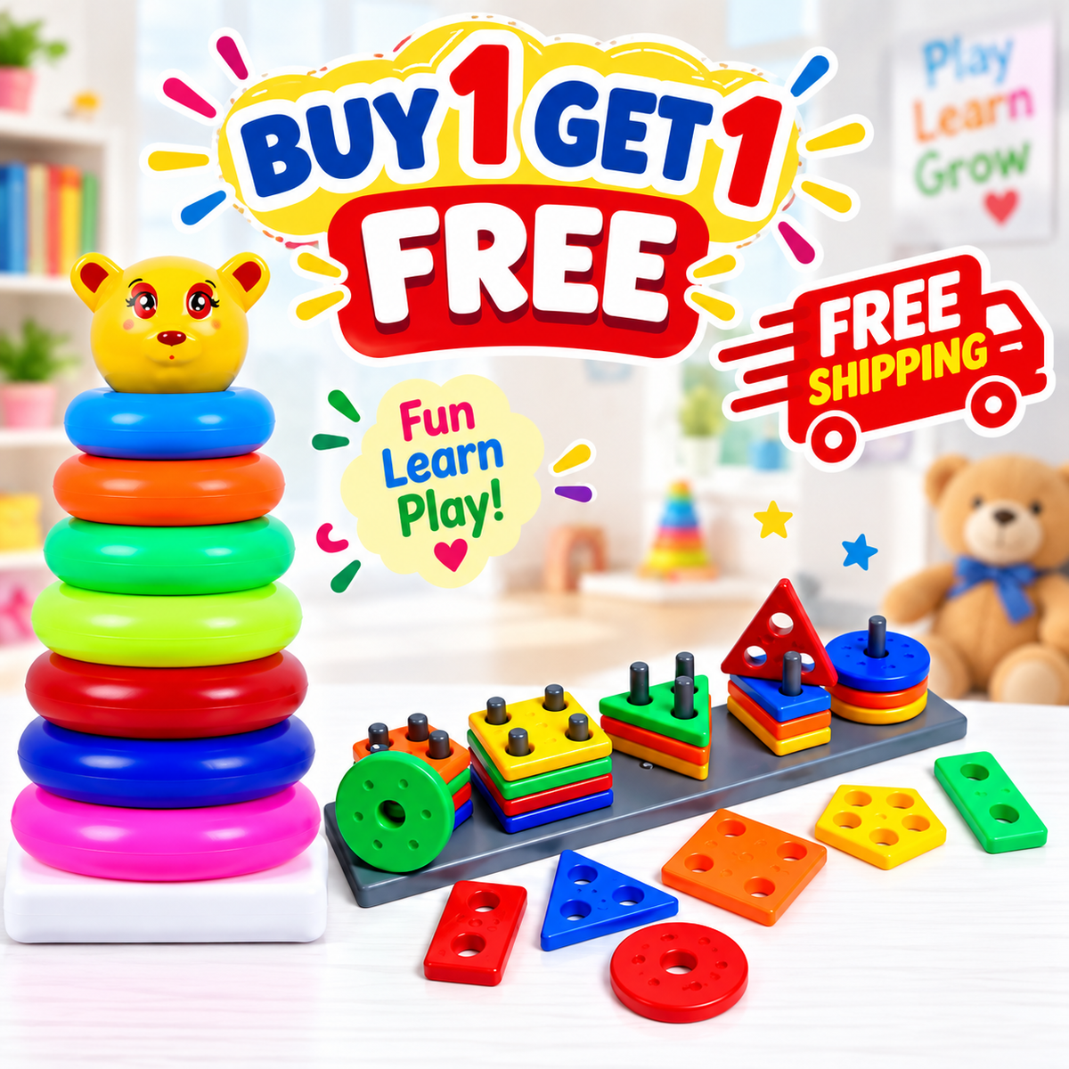 2-in-1 Kids Learning Toy Combo – Teddy Ring Stacker & Shape Sorting Toy (Buy 1 Get 1 Free)