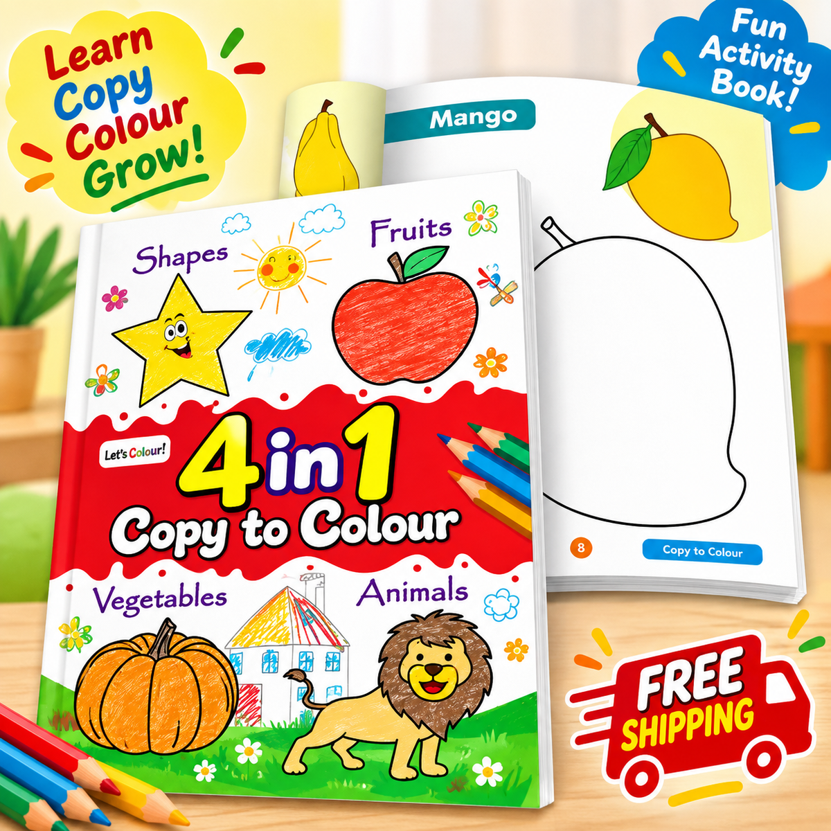 4-in-1 Copy & Colour Book for Kids – Fun Drawing and Colouring Activity Book