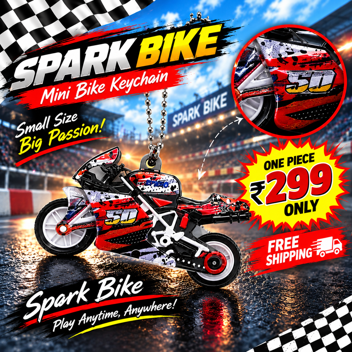 Spark Stunt Bike Toy with Keychain & Light – Mini Motorcycle for Kids (Random Color)