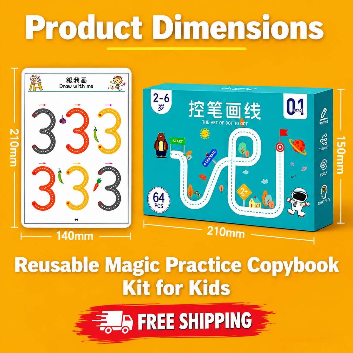 (64 Page,1 Eraser, 8 Pen) Reusable Magic Tracing Book for Kids – Letters, Numbers & Shapes Practice (Ages 3–8)