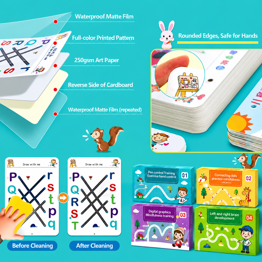 (64 Page,1 Eraser, 8 Pen) Reusable Magic Tracing Book for Kids – Letters, Numbers & Shapes Practice (Ages 3–8)