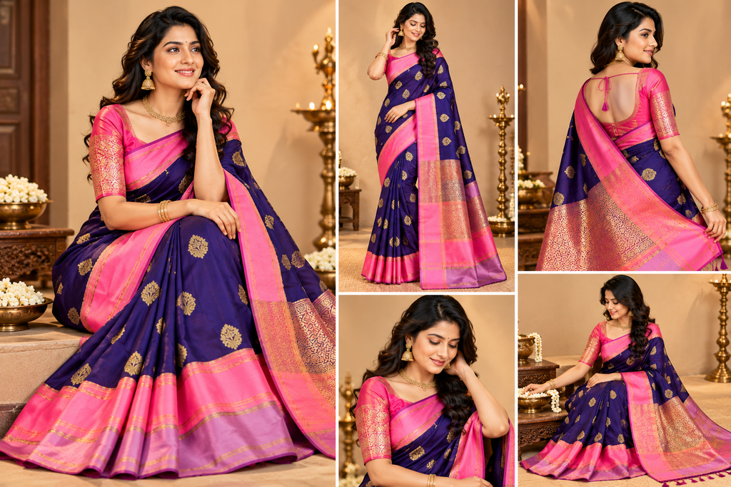 Royal Purple Gold Buti Banarasi Soft Semi Katan Silk Saree - Banarasi ...