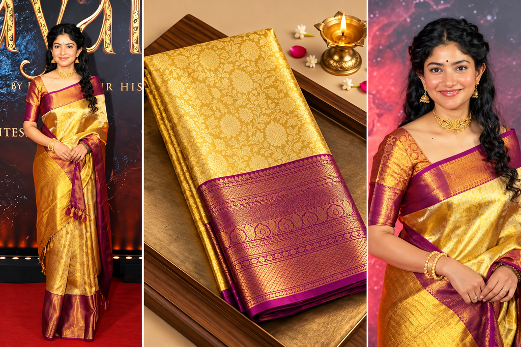 Sai Pallavi Inspierd Kanjivaram Tissue Silk Gold Saree with Pink Borde ...