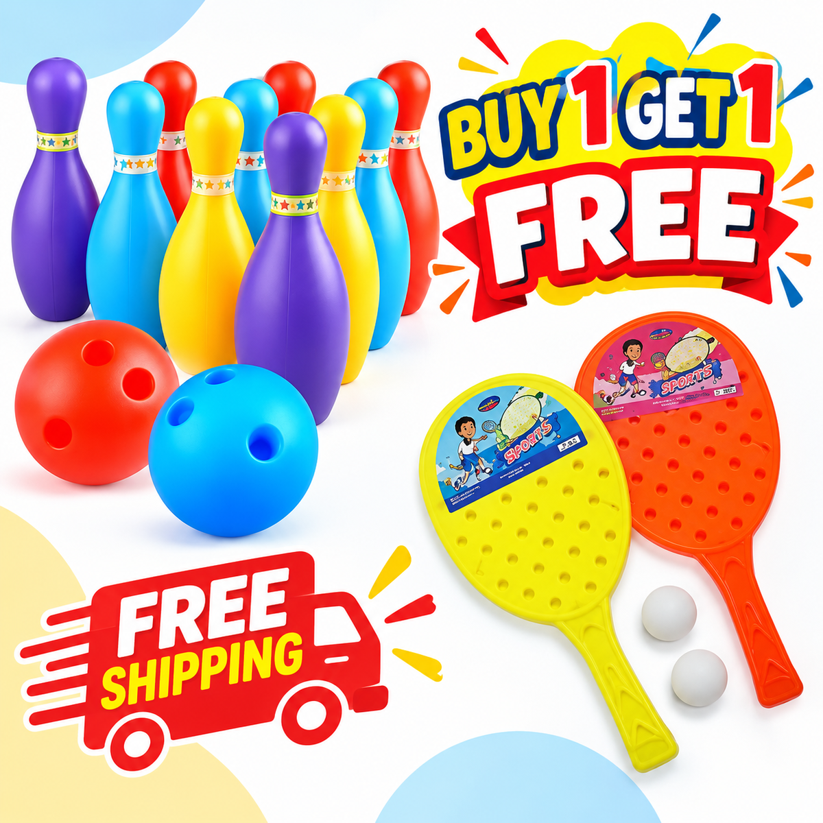 Kids Bowling & Racket Play Set Combo – Buy 1 Get 1 Free | Indoor & Outdoor Sports Toy for Kids